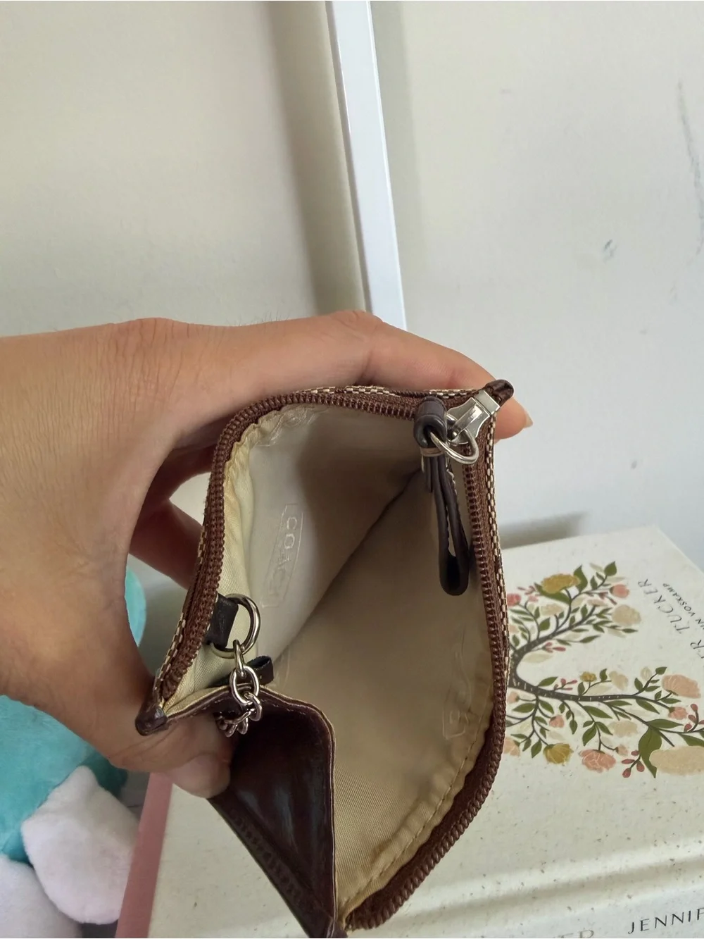 Coach Signature Canvas Cardholder with Brown Leather Trim and Key Ring